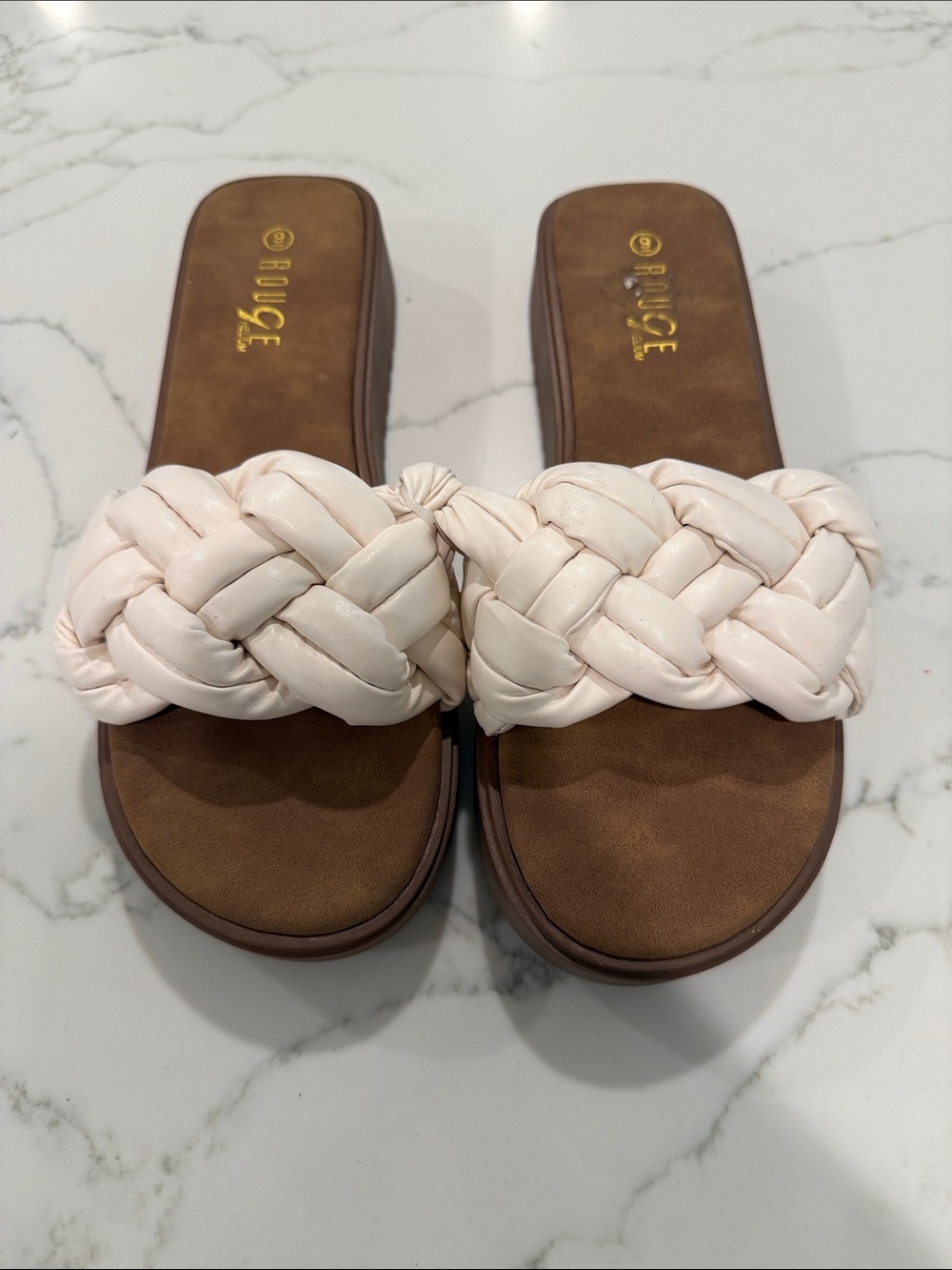 5/$25 Rouge Helium Beige and Ivory Braided Slide Sandals